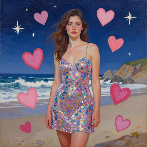 Photograph-style digital art of a young woman in a sparkling, multicolored sequin dress on a beach at night, surrounded by pink hearts.