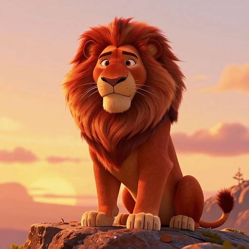 CGI animation of a majestic, brown-maned lion with expressive eyes, sitting on a rock against a colorful sunset sky.