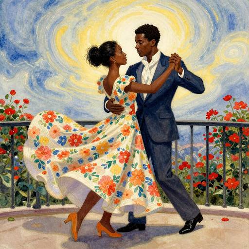 Oil painting of a dancing Black couple in a floral dress and suit against a sunlit, swirling sky with red flowers.
