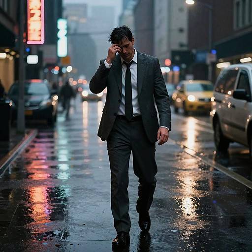 Photograph of a wet, urban street at night; a man in a dark suit, white shirt, and black tie walks, talking on a phone