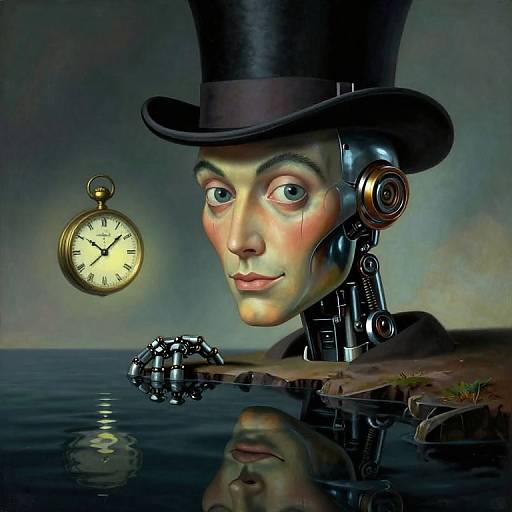 Digital art: Cybernetic woman with top hat, mechanical eyes, clock floating, and reflective water, with small island and grass in background.