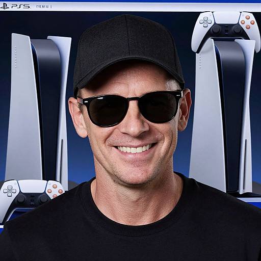 Photograph of a smiling, middle-aged man with light skin, wearing a black cap, black sunglasses, and black shirt, standing in front of PlayStation