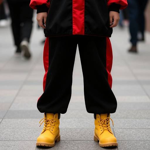 Photograph of a person wearing a black and red jacket, black baggy pants, and bright yellow lace-up boots, standing on a tiled sidewalk with