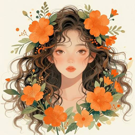 Digital illustration of a young woman with wavy brown hair, surrounded by vibrant orange flowers and green leaves, featuring soft, delicate features and a neutral white