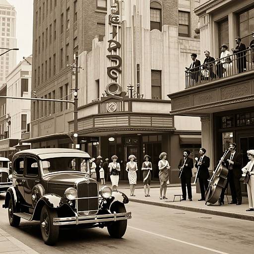 Black-and-white photograph of a vintage street scene with a classic car, pedestrians, musicians, and the 