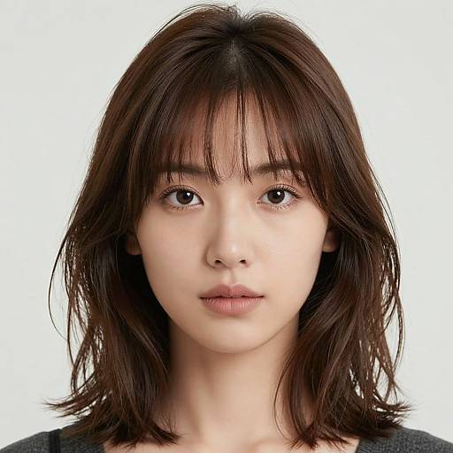 Photograph of a young East Asian woman with straight, shoulder-length brown hair, bangs, and brown eyes, against a white background.