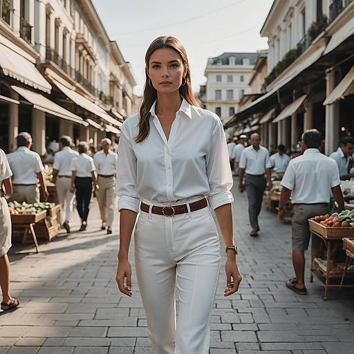 Modern Woman Walking in Bustling Marketplace