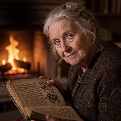 Photograph of an elderly woman with white hair, reading an old book by a warm, glowing fireplace, wearing a dark, patterned robe.