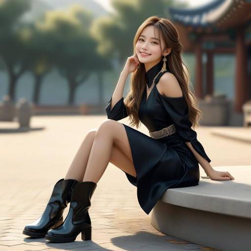 Young Woman in Black Dress Sitting Outdoors