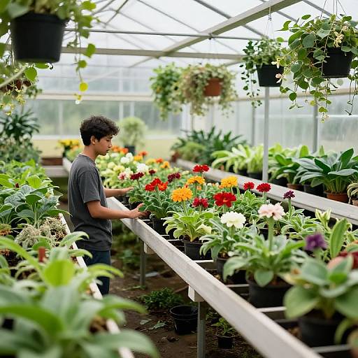 Photograph of a young man with curly hair in a black shirt, standing in a brightly lit greenhouse, examining colorful potted plants on wooden shelves.