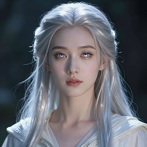 CGI portrait of a fair-skinned, blue-eyed, silver-haired young woman with delicate features, wearing a glowing white garment, illuminated against a dark