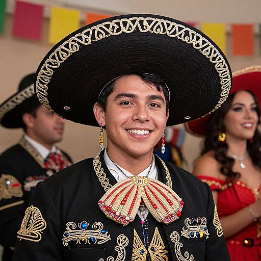 Photograph of a smiling young man in traditional Mexican attire with a large black sombrero, elaborate bowtie, and ornate jacket, surrounded by two