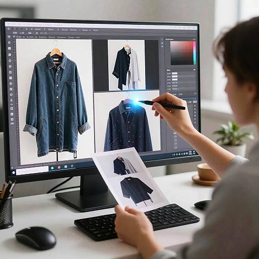 Photograph of a person with short dark hair, seated at a desk, editing digital images of denim jackets on a computer screen.