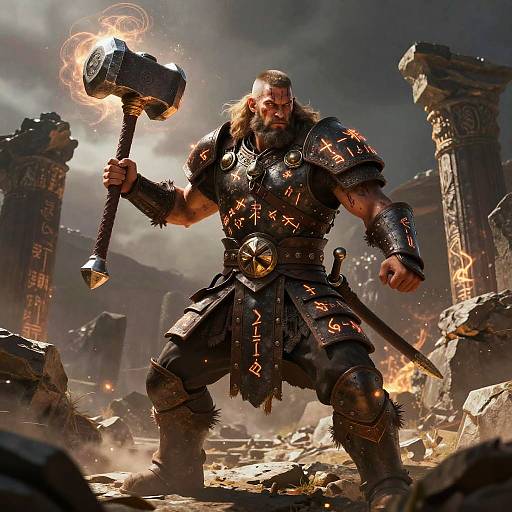 Muscular bearded warrior in dark, glowing armor with flaming hammer, standing amidst ruins of ancient, burning stone pillars. Epic fantasy scene.