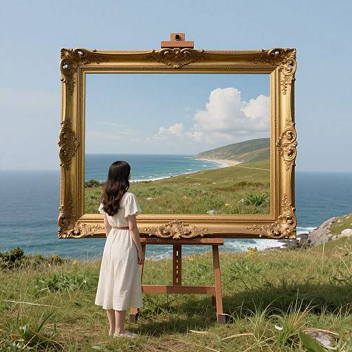 Woman in white dress stands before an ornate golden frame, viewing coastal landscape through empty frame on grassy hilltop.