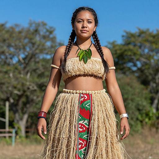Photograph of a young woman with braided hair, wearing a straw crop top and skirt with colorful pattern, leaf necklace, and red bracelets, standing