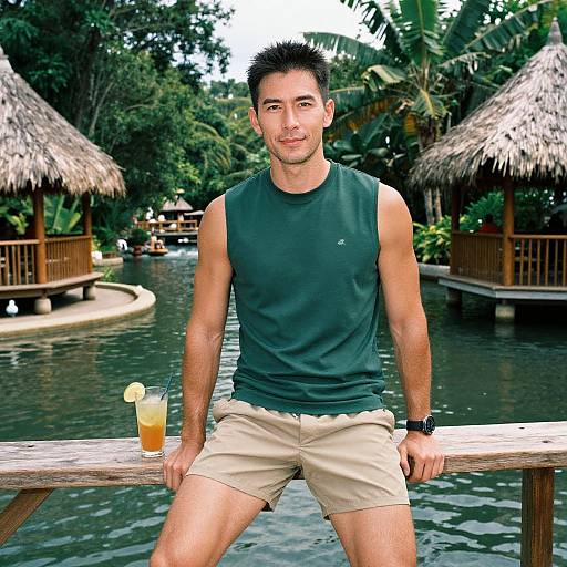 Athletic Man Relaxing at Giant Lazy River