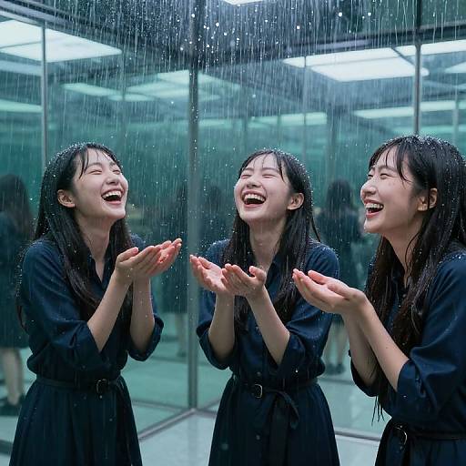 Photograph of two laughing Asian women with wet, black hair, wearing black dresses, standing under falling water, clapping hands, in a modern glass