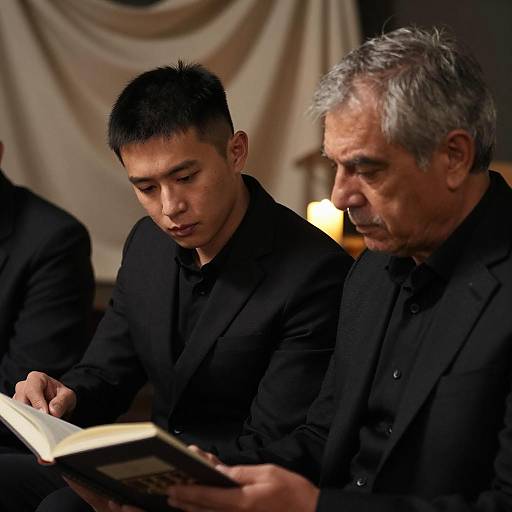 Two Men Reading Indoors Under Dim Light