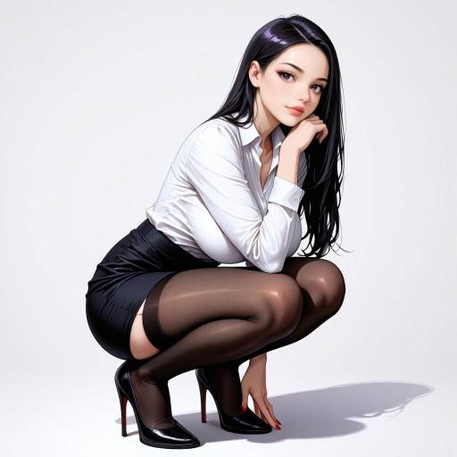 Stylish woman in business attire squatting