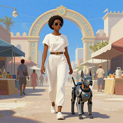 CGI image of a Black woman with curly hair, wearing white outfit and sunglasses, walking a robotic dog in a sunny, vibrant market street with an
