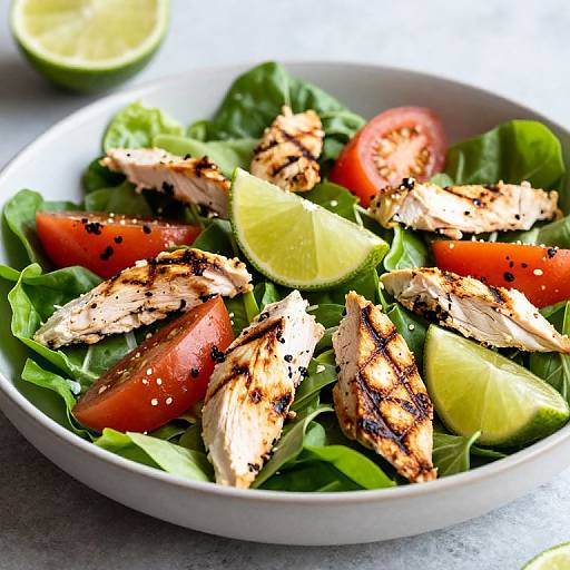 Photograph of grilled chicken salad with charred grill marks, red tomatoes, lime wedges, and fresh leafy greens on a white plate.