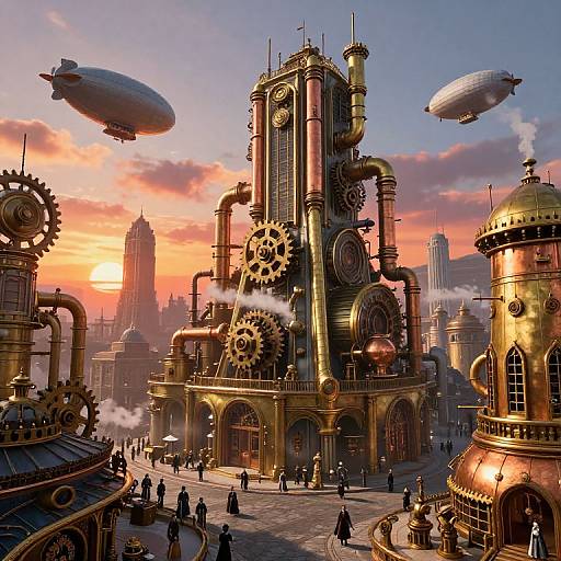 Steampunk Cityscape at Sunset