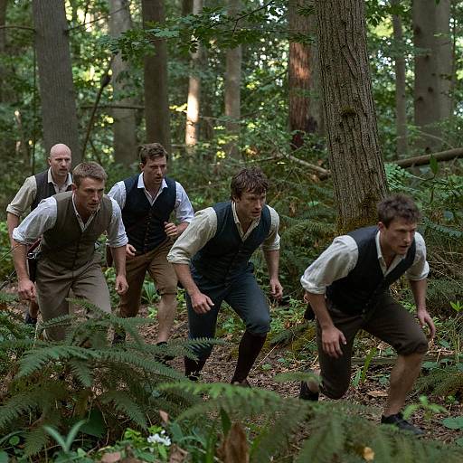 Men in 19th Century Clothing Running Through Forest
