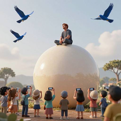 Man on Giant Egg Among Admirers