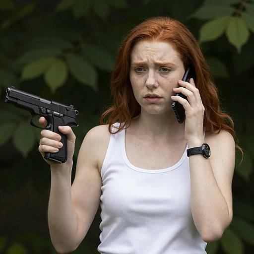 Redhead Holding Handgun and Phone