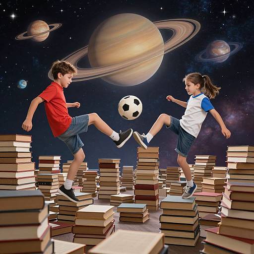 Photograph of two children in a space-themed setting, kicking a soccer ball while balancing on stacks of books, with planets in the starry background.