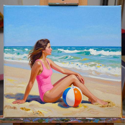Oil painting of a sun-kissed woman in a pink swimsuit, sitting on sandy beach with a colorful beach ball, waves in background, bright