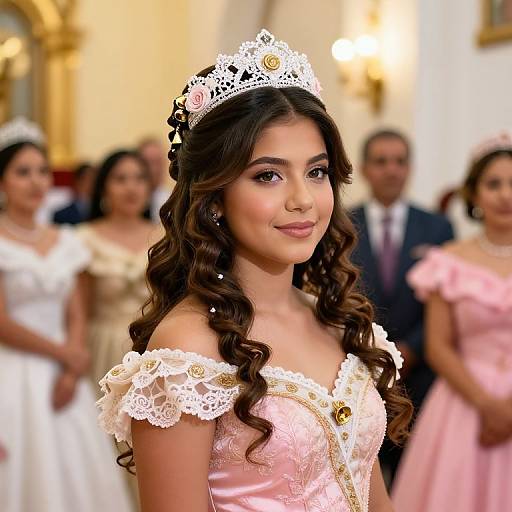 Photograph of a young woman with long, wavy brown hair, wearing a white lace tiara, pink off-shoulder dress with lace details