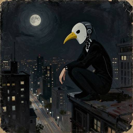 Digital artwork of a humanoid bird with a white mask, yellow beak, black suit, crouching on a city rooftop at night, under a