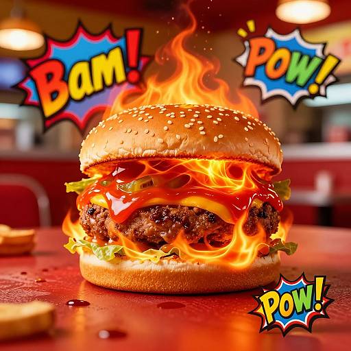 Photograph of a vibrant, flaming cheeseburger with 
