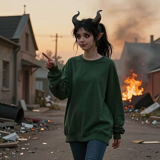 Photograph of a young woman with black horns, pointed ears, wearing a green sweater and jeans, pointing forward amidst a burning, rubble-strewn