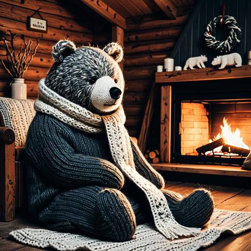 Knitted Bear by Fireplace in Rustic Cabin
