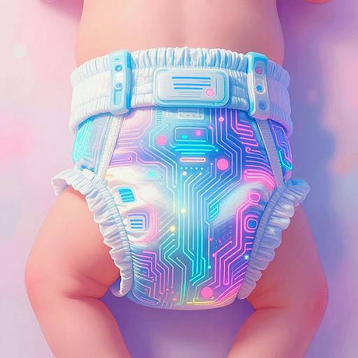 Photograph of a child's hand holding a neon, circuit-patterned, iridescent diaper with colorful glowing lines and holographic effect.