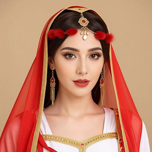 Photograph of a young woman with fair skin, dark hair, wearing a red veil with gold trim, red headpiece with red pom-poms,