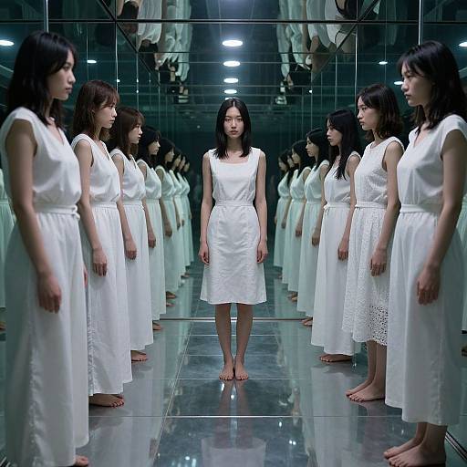 Photograph of an Asian woman in a white dress, barefoot, centered between identical reflections of herself in a mirrored hallway.