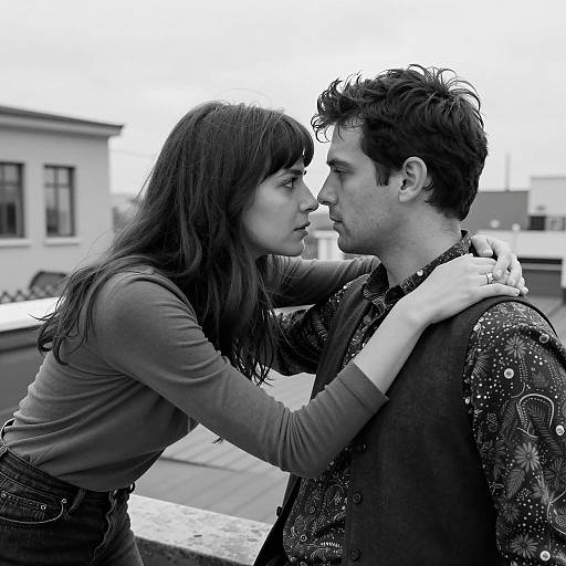 Intense Rooftop Connection in Black and White