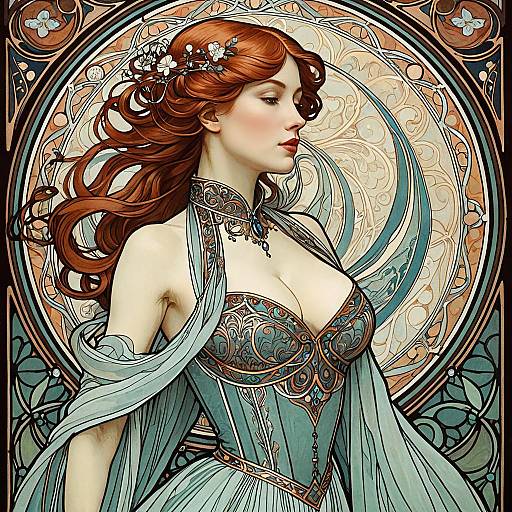 Art Nouveau Woman with Flowing Auburn Hair