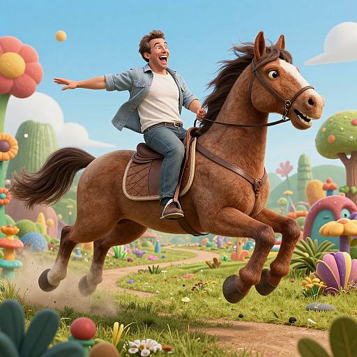 Joyful man in blue shirt and jeans riding a brown horse through a vibrant, colorful, whimsical landscape with oversized flowers and mushrooms. (CGI