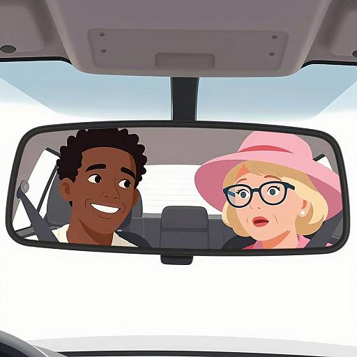 Car Rearview Mirror Reflection of Two Passengers