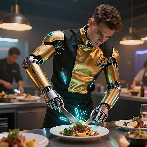 Cybernetic Chef Preparing Neon Dishes