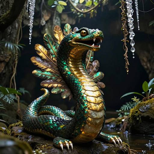 Digital artwork of a shimmering, iridescent dragon with green and gold scales, feather-like fins, and sharp claws, sitting in a dark,