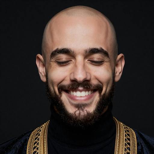 Smiling Bald Man with Beard and Gold-Trimmed Garment