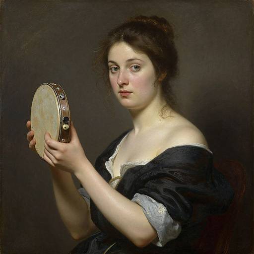 Baroque-style painting of a fair-skinned woman with dark hair, holding a tambourine, wearing a black dress with white lace, against a