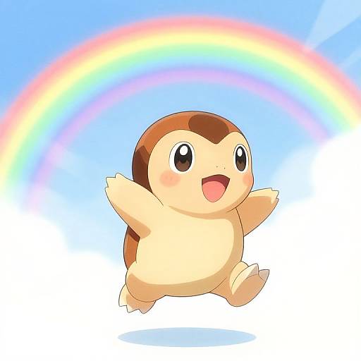 Digital drawing of a joyful, chubby, tan and brown Togepi with large eyes, arms raised, under a vibrant rainbow in a blue sky