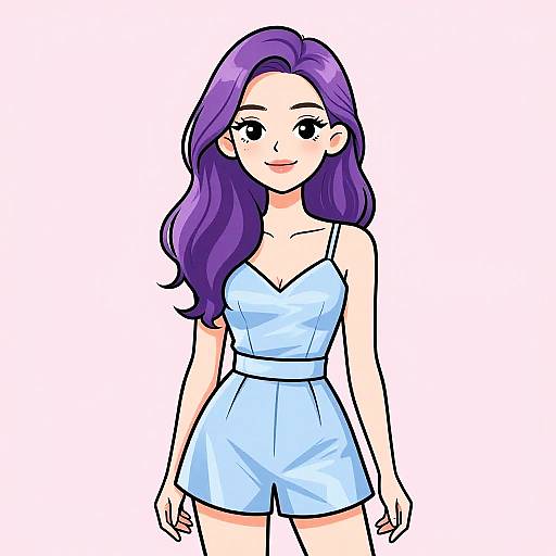 Digital anime-style drawing of a smiling woman with long purple hair, wearing a light blue, V-neck romper with spaghetti straps.